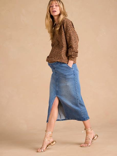 Jupe longue en jean grossesse fendue devant bleu moyen - vertbaudet enfant 