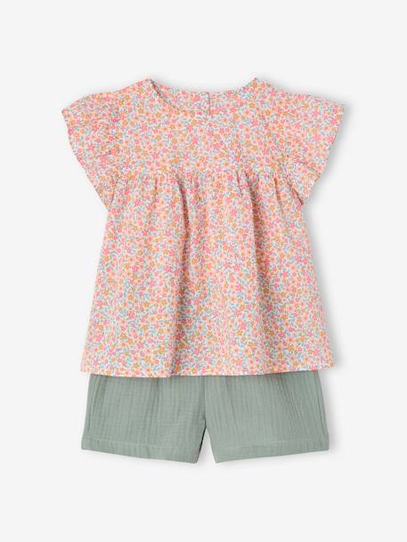 Set blouse met bloemen en short van katoengaas voor meisjes lila+pastelgeel+saliegroen+vanille - vertbaudet enfant 