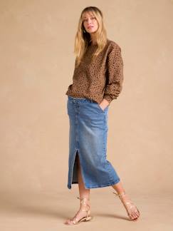 Vêtements de grossesse-Jupe-Jupe longue en jean grossesse fendue devant