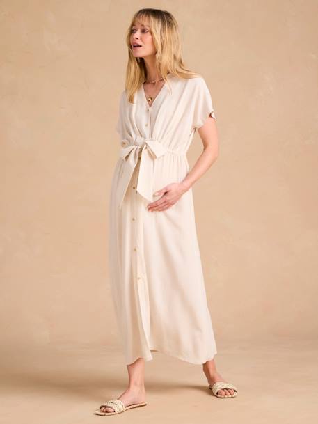 Robe chemise longue en lin mélangé grossesse et allaitement beige - vertbaudet enfant 