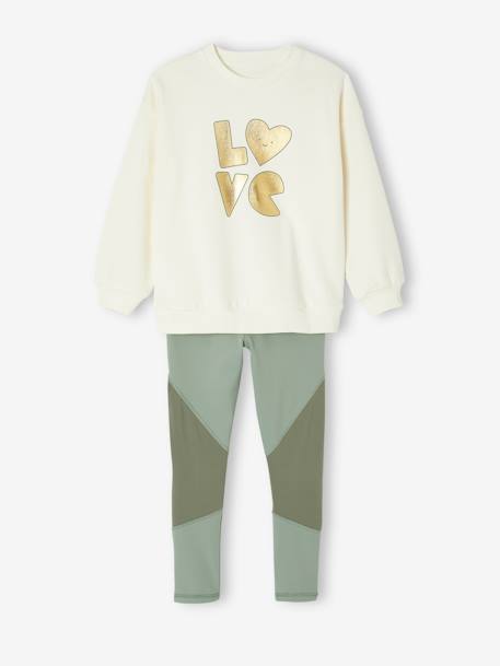 Ensemble sport fille sweat motif doré + legging vert sauge - vertbaudet enfant 