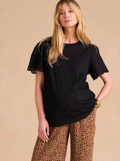 Tee-shirt grossesse bi-matière manches en broderie anglaise noir - vertbaudet enfant 