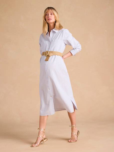 Robe chemise longue en lin mélangé grossesse et allaitement coton effet lin noir+rayé bleu - vertbaudet enfant 