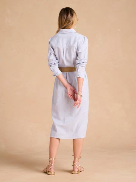 Lange, katoenen, linnen-look, chemise-jurk voor zwangerschap en borstvoeding ENVIE DE FRAISE blauw, gestreept+zwart - vertbaudet enfant 