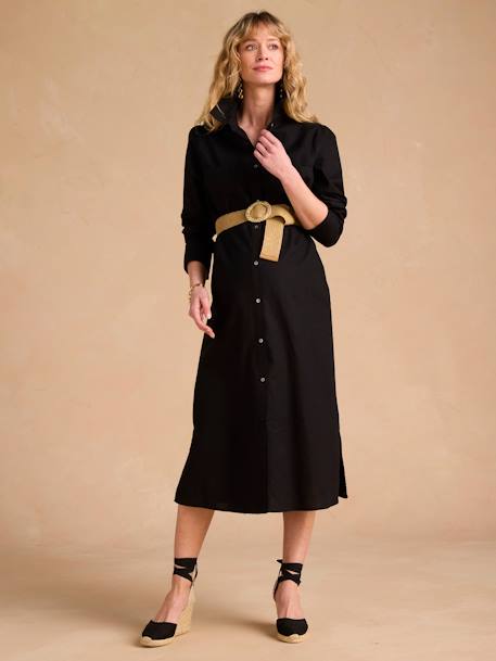 Robe chemise longue en lin mélangé grossesse et allaitement coton effet lin noir - vertbaudet enfant 