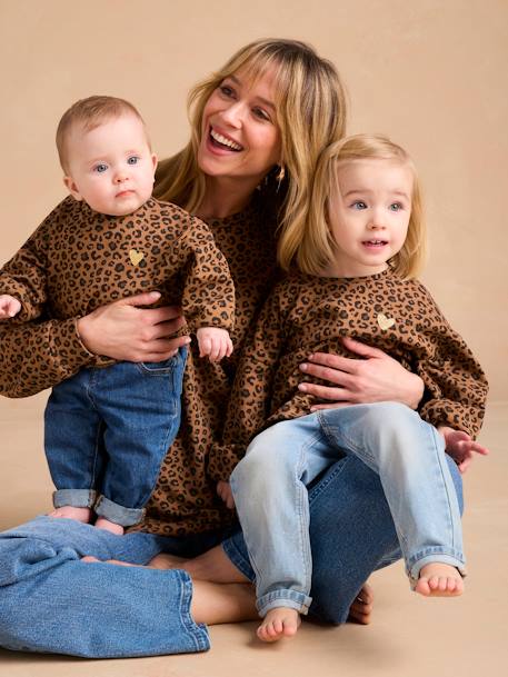 Sweat fille léopard coeur printé capsule famille beige+gris foncé - vertbaudet enfant 