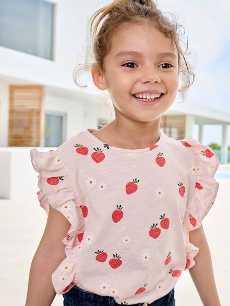 T-shirt à volants motifs fraises fille rose pâle - vertbaudet enfant 