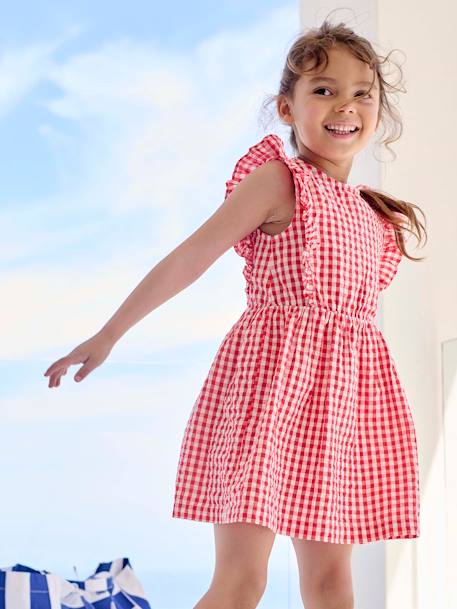 Robe fille en seersucker manches volantées blanc imprimé+carreaux rouge+vert sauge - vertbaudet enfant 