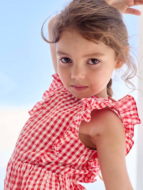 Robe fille en seersucker manches volantées blanc imprimé+carreaux rouge+vert sauge - vertbaudet enfant 