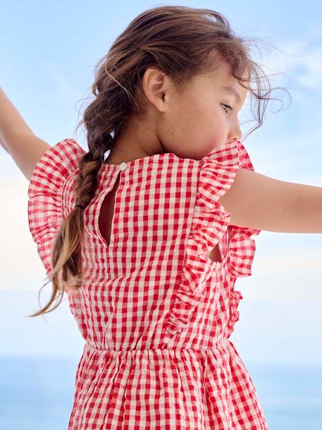Meisjesjurk van seersuckerstof met ruches rood, geruit+saliegroen+wit, bedrukt - vertbaudet enfant 