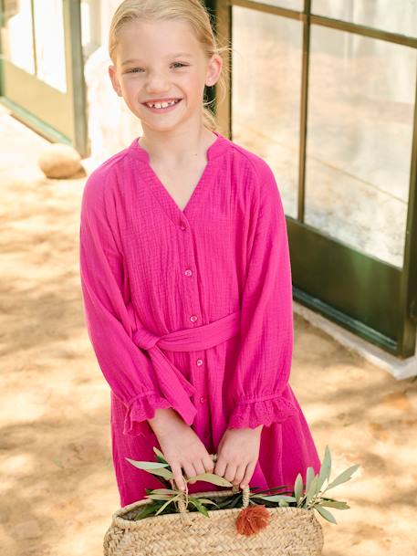 Meisjesjurk van katoengaas fuchsia - vertbaudet enfant 