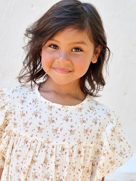 Robe fille en gaze de coton imprimée beige+beige imprimé+rose pâle+vanille - vertbaudet enfant 