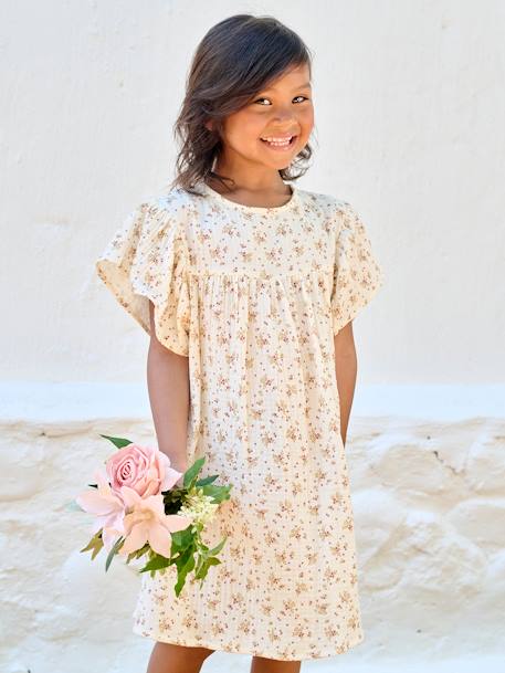 Robe fille en gaze de coton imprimée beige+beige imprimé+rose pâle+vanille - vertbaudet enfant 