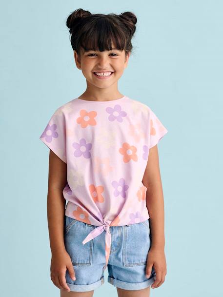 Gestreept T-shirt voor meisjes met sierstrik lavendel+rozen+wit - vertbaudet enfant 