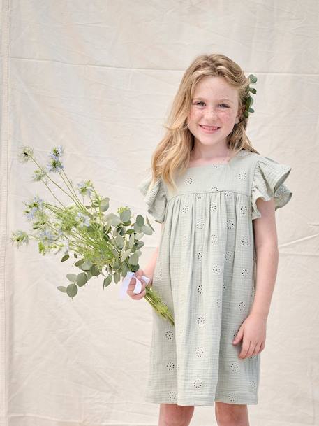 Bloemetjesjurk voor meisjes van katoengaas koraal+lichtblauw+saliegroen+vanille - vertbaudet enfant 