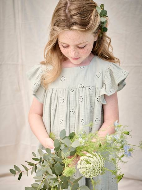Robe fille gaze de coton brodée fleurs bleu pâle+corail+vanille+vert sauge - vertbaudet enfant 