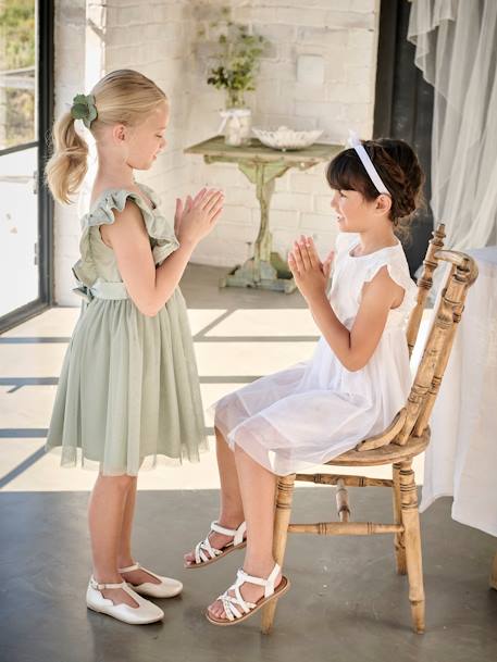 Robe cérémonie fille satin de coton à volants écru+vert sauge - vertbaudet enfant 