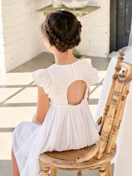 Robe cérémonie bi-matière en broderie anglaise et tulle fille blanc - vertbaudet enfant 