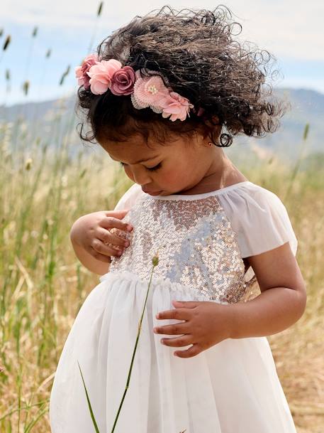 Jurkje met korte mouwen en knopen op de rug met pailletten wit - vertbaudet enfant 