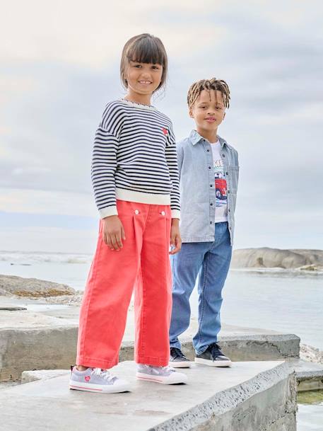 Wijde meisjesbroek met knopen marineblauw+rood - vertbaudet enfant 
