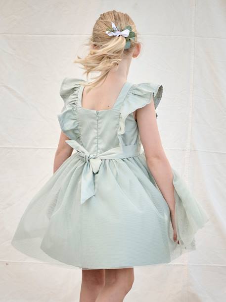 Robe cérémonie fille satin de coton à volants écru+vert sauge - vertbaudet enfant 