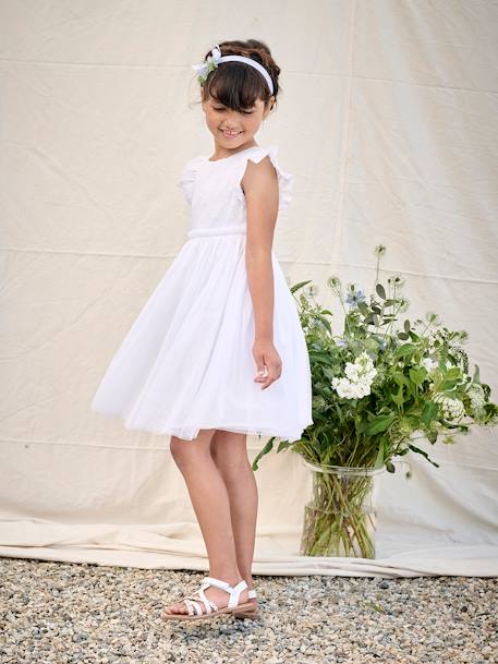 Robe cérémonie bi-matière en broderie anglaise et tulle fille blanc - vertbaudet enfant 