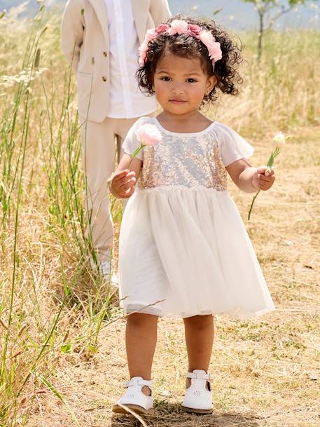 Jurkje met korte mouwen en knopen op de rug met pailletten wit - vertbaudet enfant 