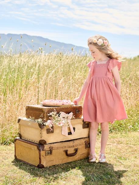 Robe de cérémonie en gaze de coton fille manches en broderie anglaise rose imprimé+vieux rose - vertbaudet enfant 