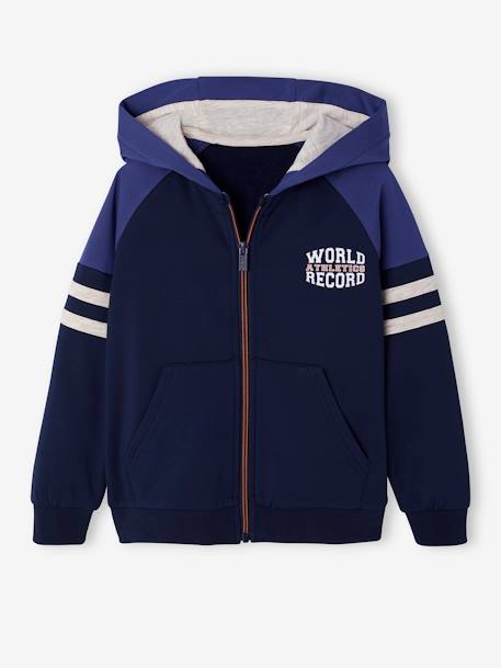 Sweat garçon zippé à capuche sport manches raglan marine+noix de pécan+vert - vertbaudet enfant 