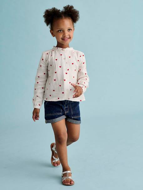 Meisjesshort van jeanstof Basics lichtblauw+middenblauw+ongewassen denim - vertbaudet enfant 