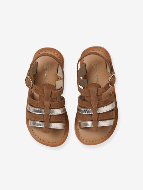 Lederen meisjessandalen met verschillende bandjes, collectie kleuterschool karamel+MARRON CLAIR UNI AVEC DECOR+meerkleurig - vertbaudet enfant 