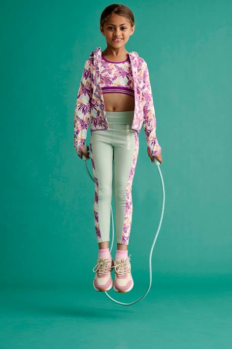 Sweat sport zippé matière technique fille motifs fleurs anthracite+écru+vert imprimé - vertbaudet enfant 