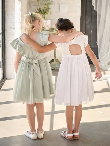 Robe cérémonie fille satin de coton à volants écru+vert sauge - vertbaudet enfant 