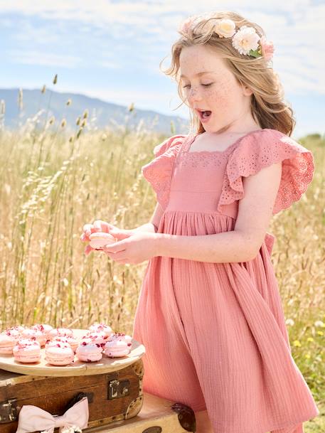 Robe de cérémonie en gaze de coton fille manches en broderie anglaise rose imprimé+vieux rose - vertbaudet enfant 