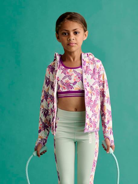 Sport sweatshirt met rits en bloemenprint in technisch materiaal antraciet+ecru+groen, bedrukt - vertbaudet enfant 