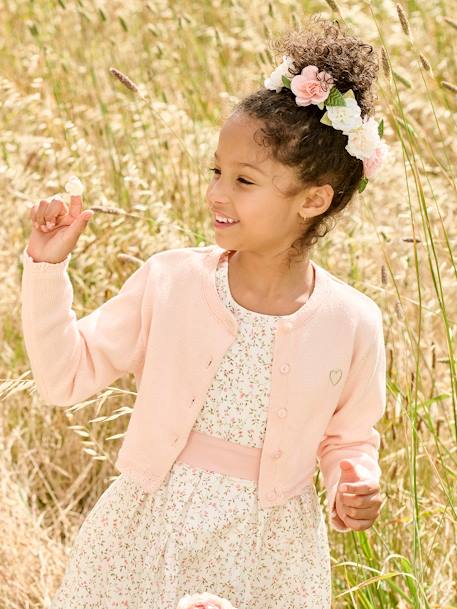 Gilet fille boléro maille pointelle cérémonie écru+rose pâle - vertbaudet enfant 