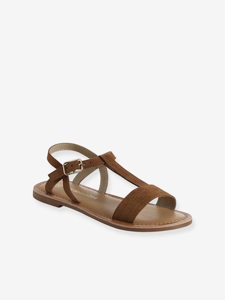 Leren meisjessandalen bruin+bruin, bedrukt+Light gold - vertbaudet enfant 