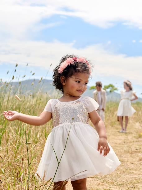Jurkje met korte mouwen en knopen op de rug met pailletten wit - vertbaudet enfant 
