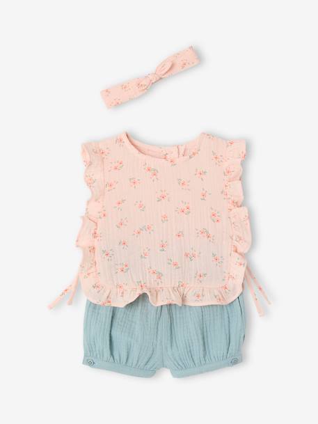 Ensemble bébé blouse short bandeau en gaze de coton rose pâle - vertbaudet enfant 
