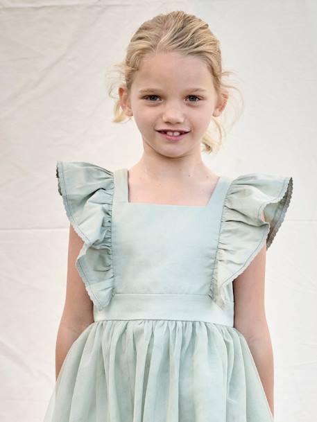Robe cérémonie fille satin de coton à volants écru+vert sauge - vertbaudet enfant 
