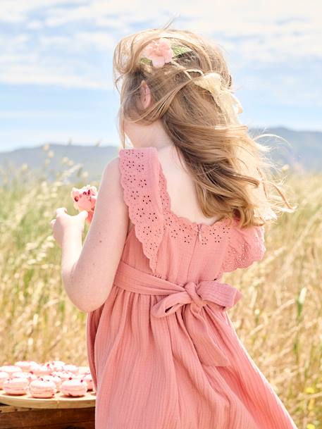 Robe de cérémonie en gaze de coton fille manches en broderie anglaise rose imprimé+vieux rose - vertbaudet enfant 