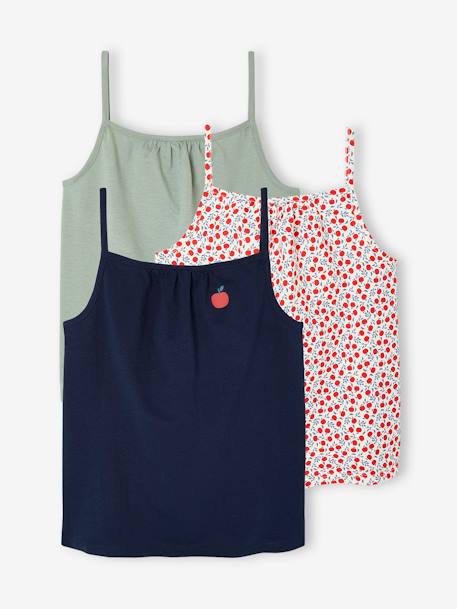 Set van 2 basic meisjeshemdjes met dunne bandjes ecru+framboos+saliegroen - vertbaudet enfant 