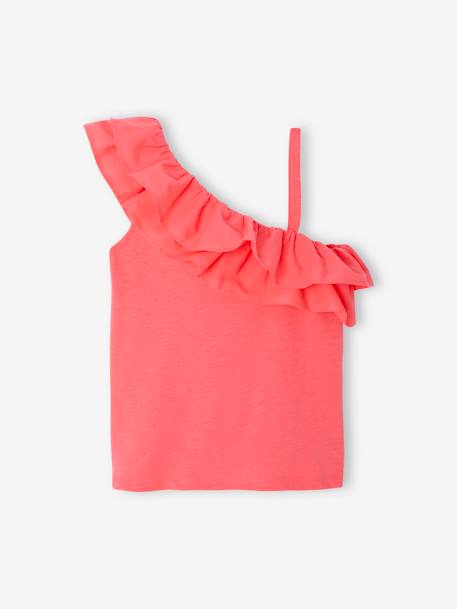 Asymmetrisch geruit T-shirt voor meisjes ecru+koraal+saliegroen - vertbaudet enfant 
