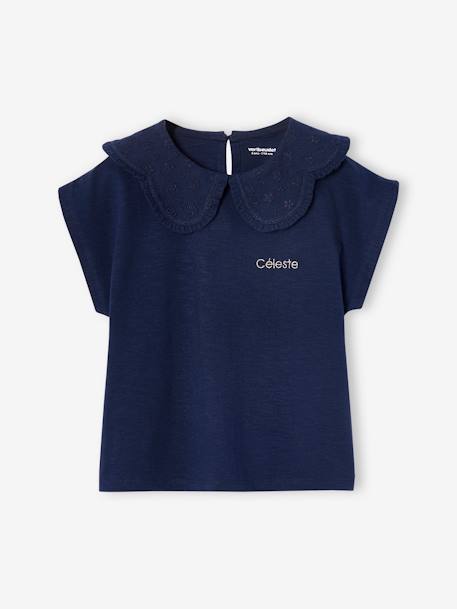 T-shirt fille col brodé fantaisie corail+écru+marine - vertbaudet enfant 