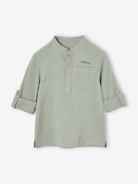 Chemise en gaze de coton personnalisable garçon manches retroussables écru+vert d'eau - vertbaudet enfant 