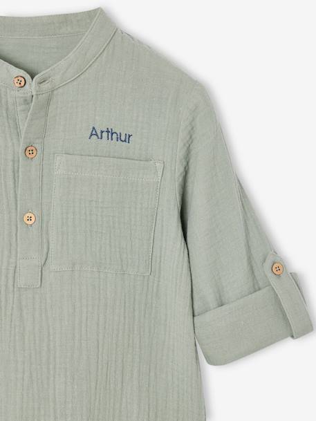 Chemise en gaze de coton personnalisable garçon manches retroussables écru+vert d'eau - vertbaudet enfant 