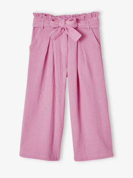 Pantacourt fille large gaze de coton style paperbag beige+blanc+lilas+vert sauge+vieux rose - vertbaudet enfant 