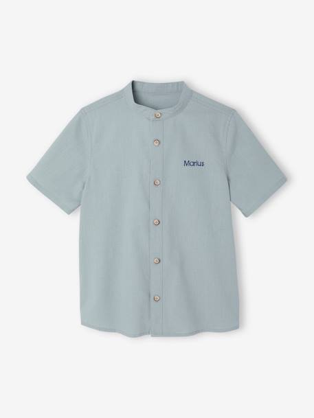 Chemise en lin col Mao garçon blanc+vert sauge - vertbaudet enfant 