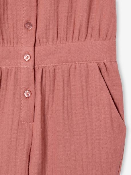 Lange babytuinbroek van katoenen gaas met kraag van Engels borduurwerk lichtroze+oudroze+saliegroen - vertbaudet enfant 