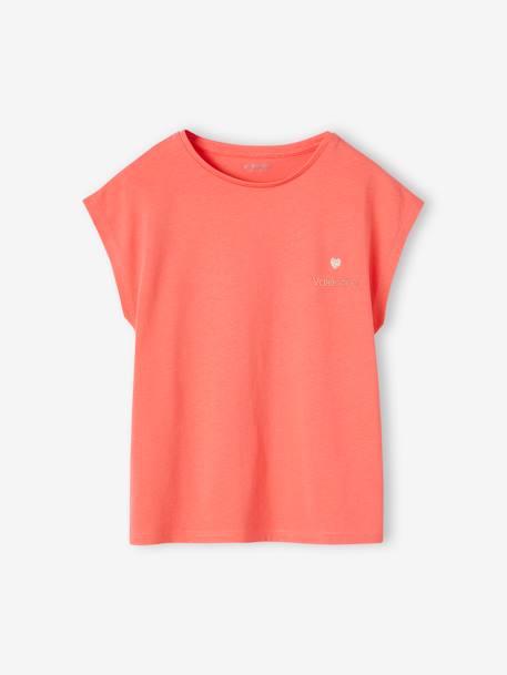 Effen Basics meisjesshirt met korte mouwen ecru+koraal+marineblauw+snoepjesroze - vertbaudet enfant 